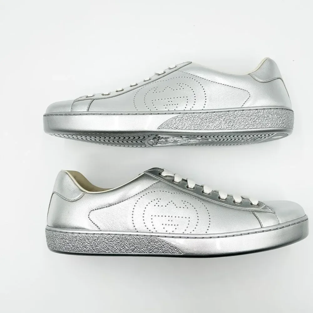 Gucci New GG Ace Silver Sneakers Interlocking G Trainers Mens